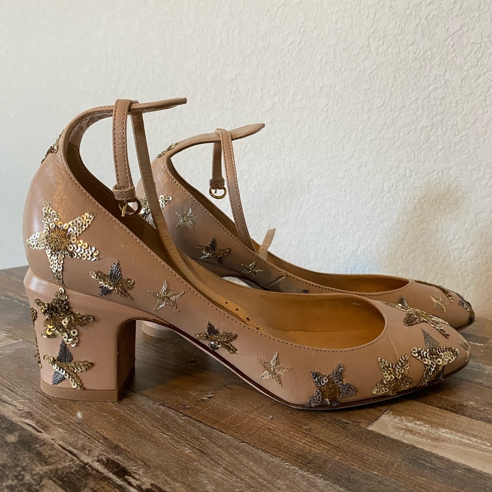 Valentino Garavani Star Sequin Tango Embellished Leather Beige Mary Jane Pump